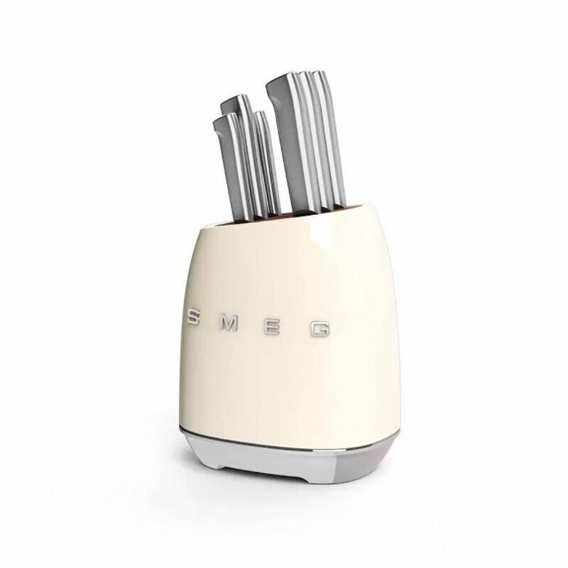 SMEG Cream Vintage Kitchen Knife Set with Stainless Steel Holder - Premium Household Cutlery Collection